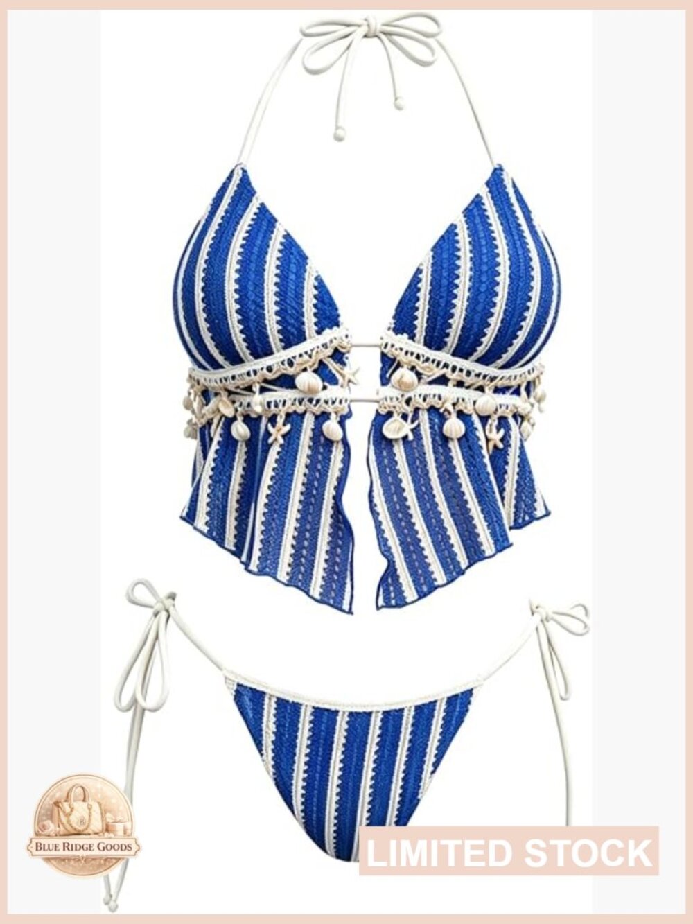 Striped Halter Bikini Set Seashell Beaded Two Piece Swimwear Summer Vacation